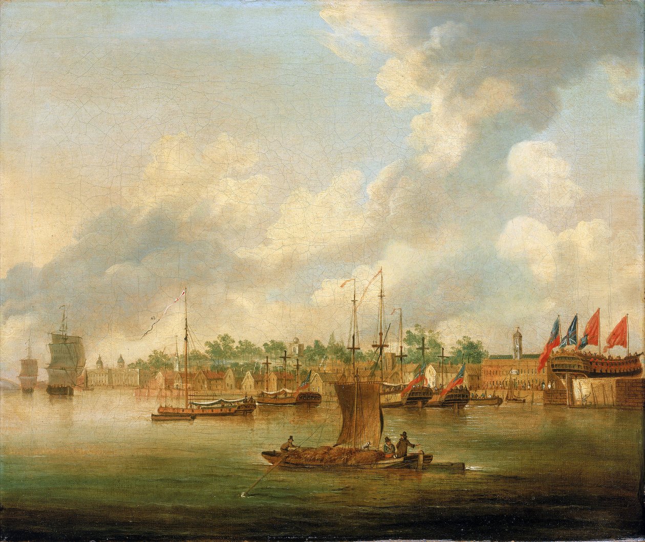 Navigation i Deptford, vid Themsen (England), mittemot Royal Quay, med en stor koncentration av privata skeppsvarv av Robert Cleveley