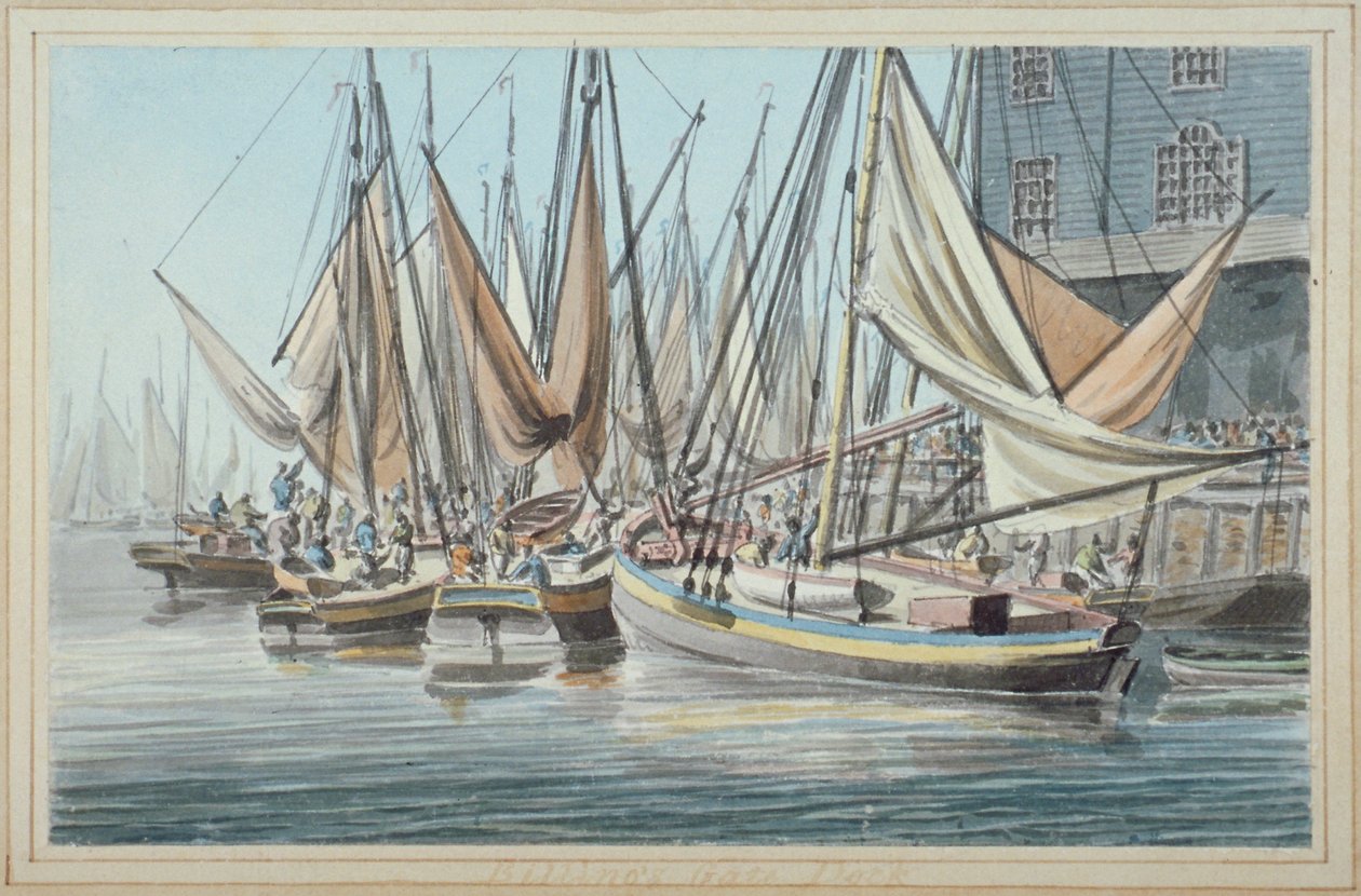 Utsikt över Billingsgate-kajen med båtar på vattnet, City of London, 1790. av Robert Clevely