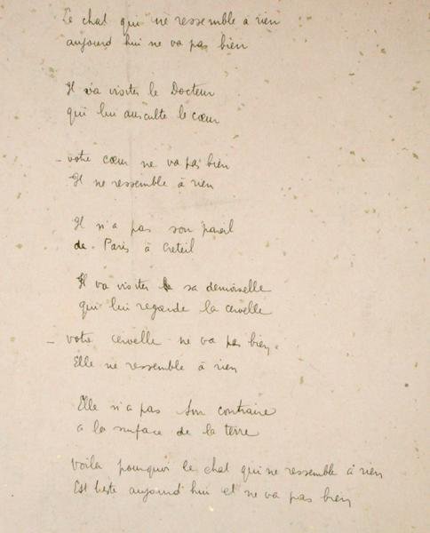 Katten som är som ingenting på jorden, handskriven sida i diktsamlingen "La Menagerie de Tristan" av Robert Desnos av Robert Desnos