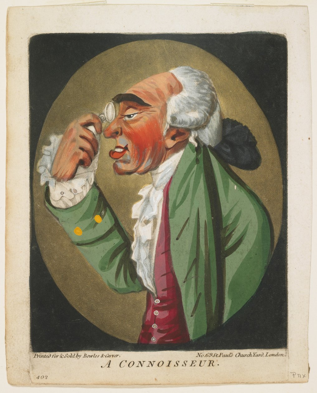 En kännare, från A Book of Heads, 1795 av Robert Dighton