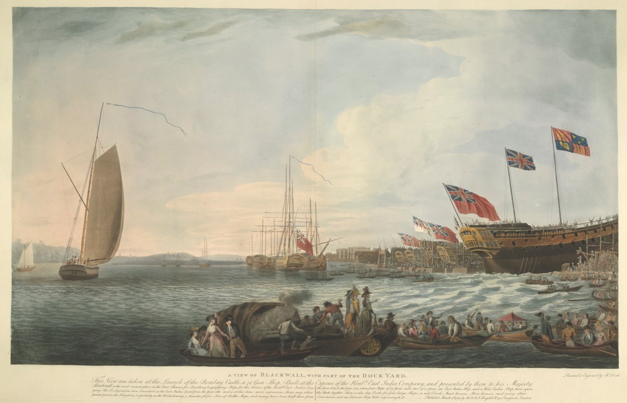 A View of Blackwall, med en del av varvet, vid lanseringen av Bombay Castle, 74 kanoner, byggda på bekostnad av Hon. Ostindiska kompaniet och presenterades av dem till Hans Majestät i juni 1782 av Robert Dodd