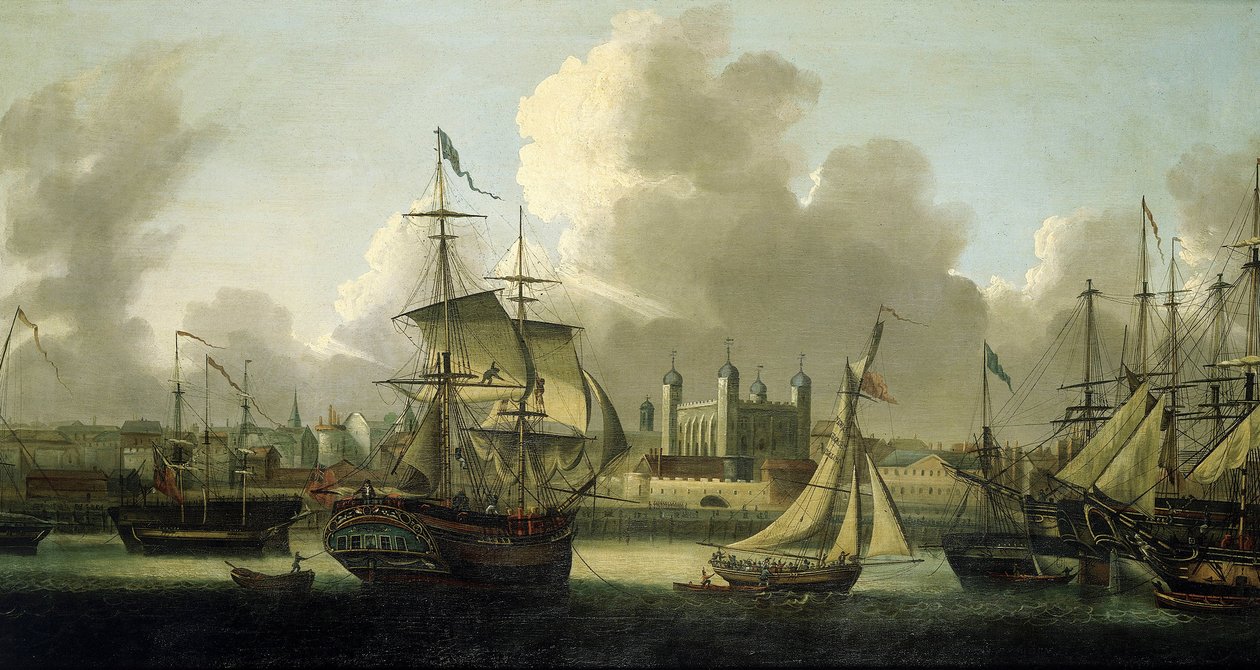 Segling i London (England), beskrivning av Tower of London till vänster, olika båtar i alla storlekar illustrerar den stora flodaktiviteten på Themsen av Robert Dodd