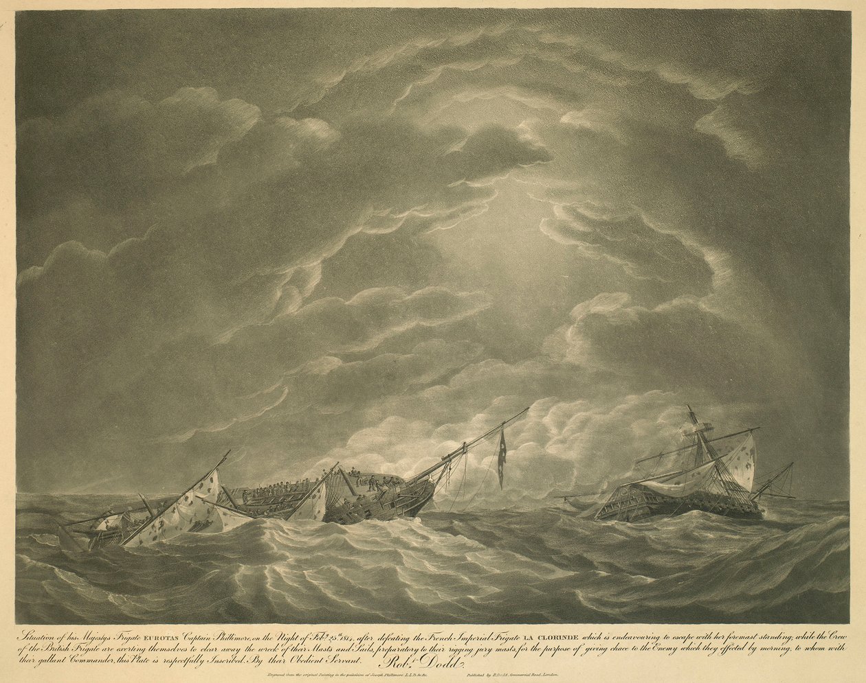 Situationen på Hans Majestäts Fregatt EUROTAS Kapten Phillimore, natten till den 25 februari 1814, efter att ha besegrat den franska kejserliga fregatten LA CLORINDE som försöker fly med stående fockmast; medan besättningen på den brittiska fregatten är ex av Robert Dodd