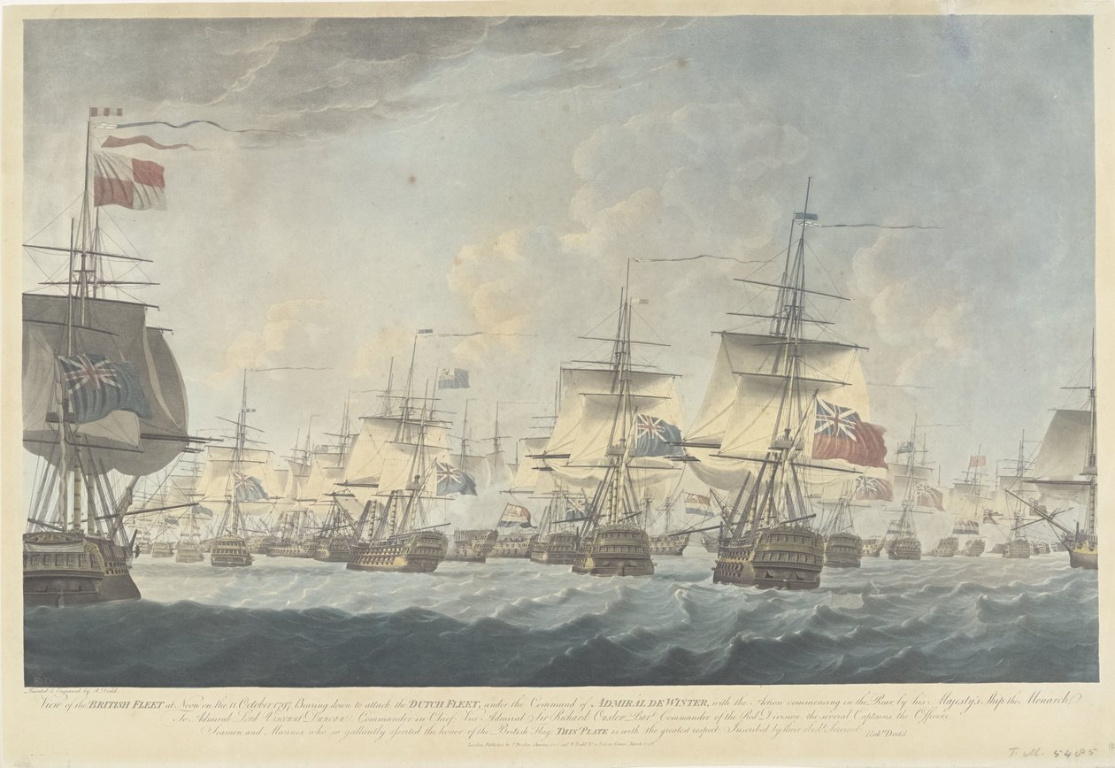 Slaget vid Kamperduin (1797): attack av den brittiska flottan Utsikt över den brittiska flottan kl. 12.00 den 11 oktober 1797, Bärande för att attackera den holländska flottan (...) (titel på objektet) av Robert Dodd
