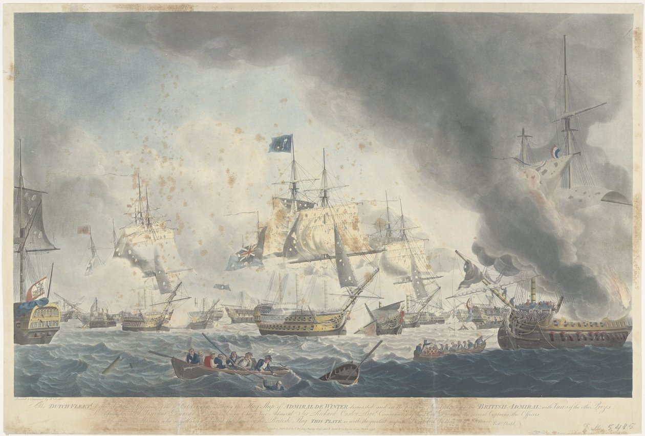 Slaget vid Kamperduin (1797): nederlag för den bataviska flottan Den holländska flottan besegrades på eftermiddagen den 11 oktober 1797 och visade att amiral De Winters flaggskepp var dismasterat (...) (titel på objektet) av Robert Dodd
