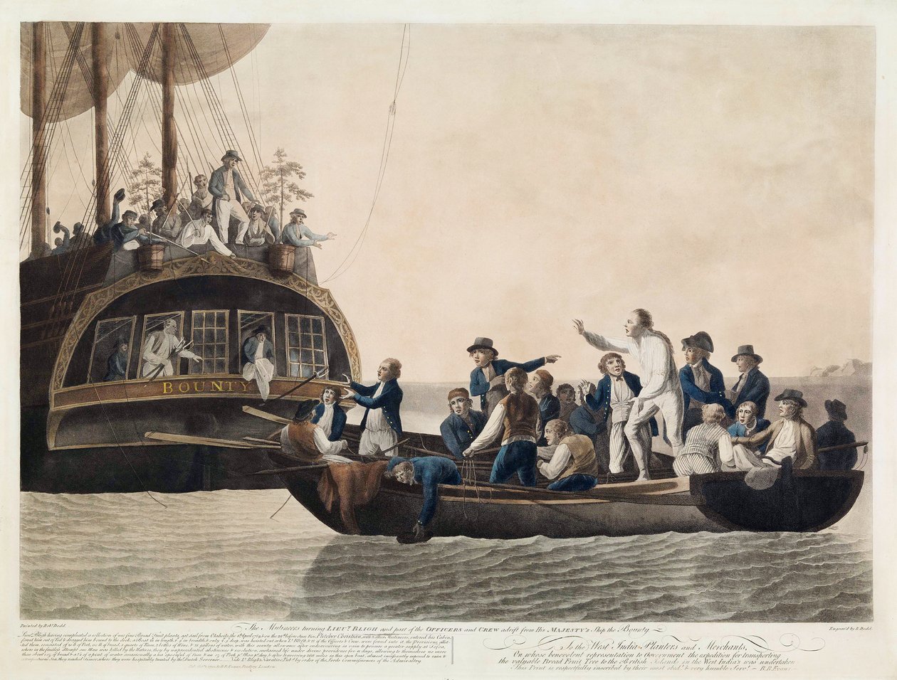 Myteristerna som vänder sig till löjtnant Bligh och en del av officerarna och besättningen Adrift, 29 april 1789, pub. 1790 av Robert Dodd