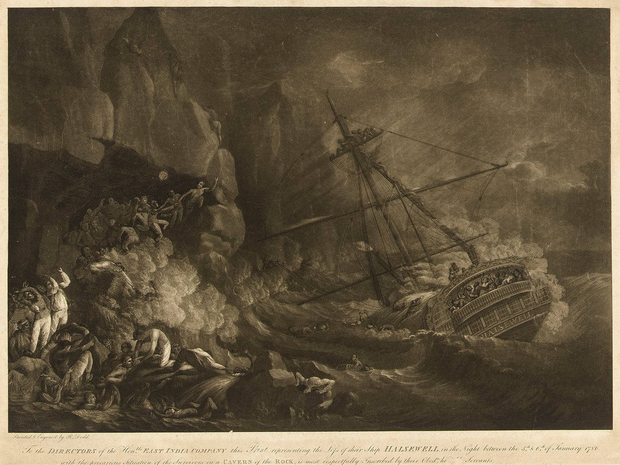 Förlusten av Ostindiska kompaniets fartyg "Halsewell" natten mellan den 5 och 6 januari 1786, ca 1786 (akvatint, etsning) av Robert Dodd