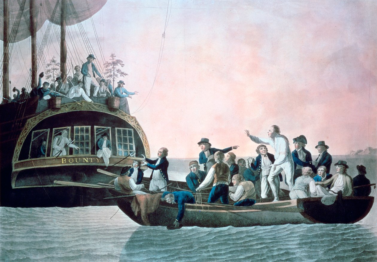 Myteristerna som vänder löjt Bligh ... och besättning på drift från hans Majestys skepp Bounty, 1790 av Robert Dodd