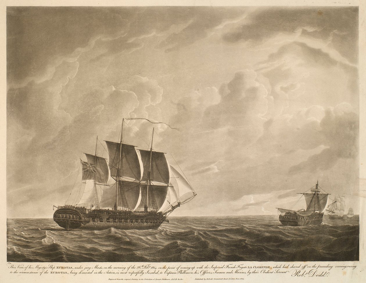 Denna vy av Hans Majestäts skepp EUROTAS, under jurymaster, på morgonen den 26 februari 1814. på väg att möta den kejserliga franska fregatten LA CLORINDE, som hade gått av på kvällen dessförinnan; på grund av omständigheten att av Robert Dodd