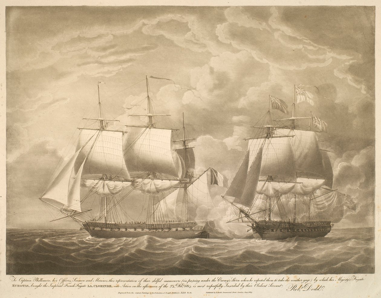 Till kapten Phillimore, hans officerare, sjömän och marinsoldater, denna framställning av deras skickliga manöver (att passera under fiendens akter när han förväntade sig att de skulle ta vädermätaren) genom vilken hans majestäts fregatt EUROTAS, förde den av Robert Dodd