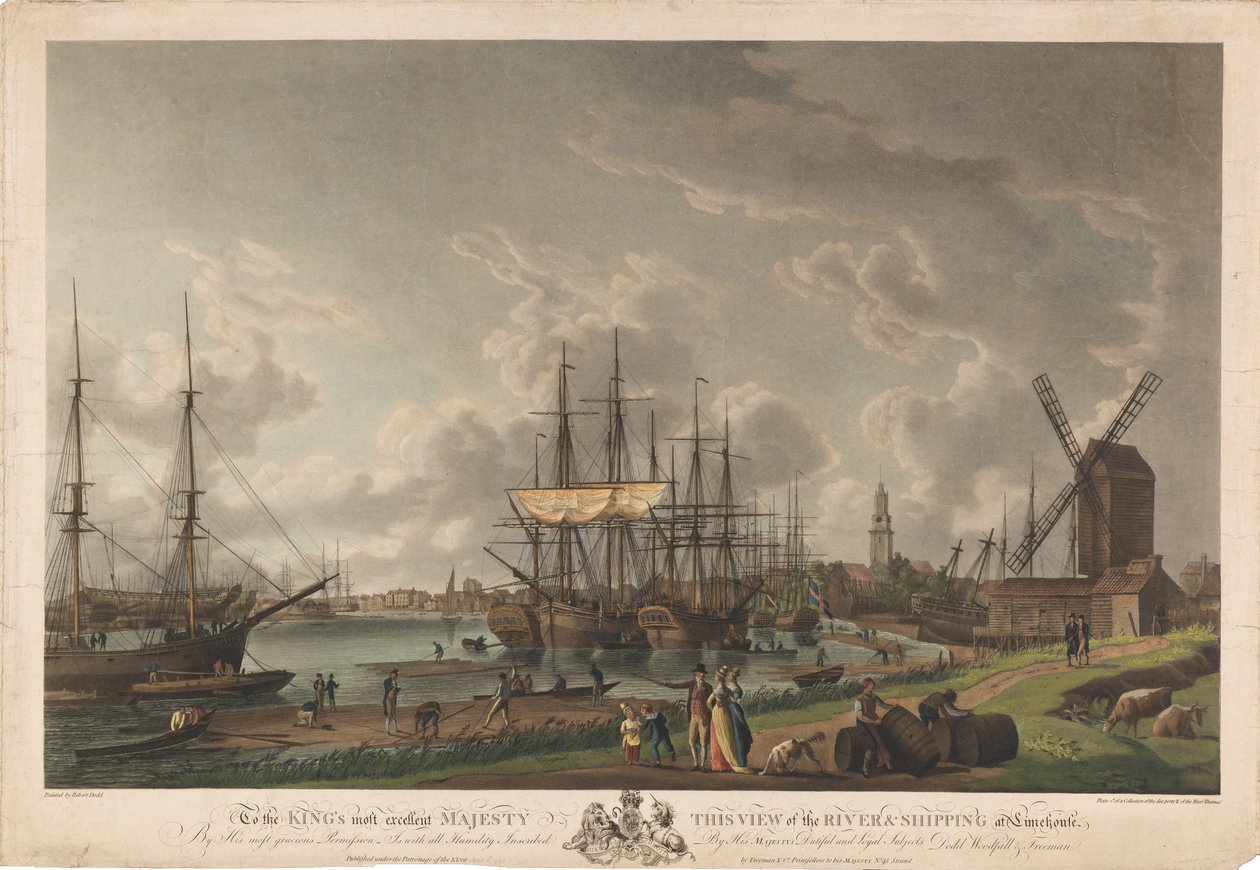 Till kungens mest utmärkta majestät denna vy över floden och sjöfarten vid Limehouse av Robert Dodd
