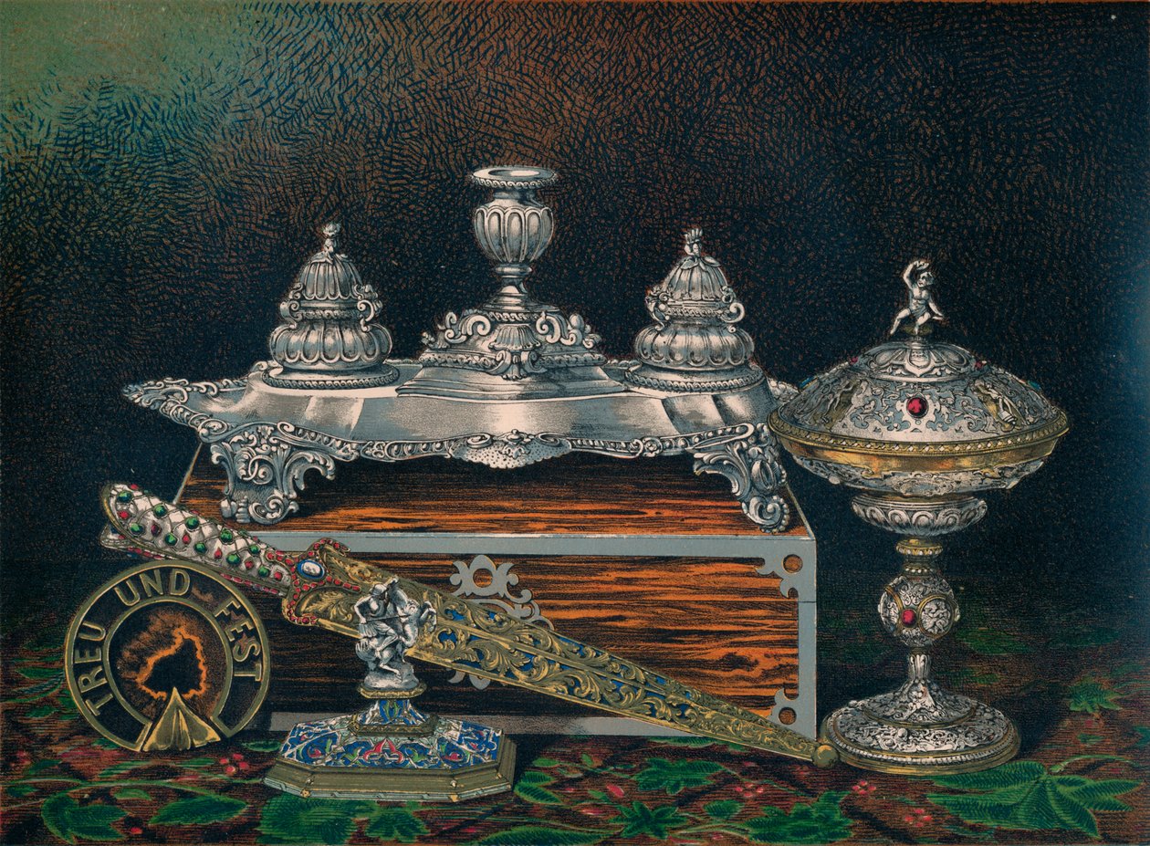 Bläckställ, pappersvikt, jaktkniv eller dolk, täckt Tazza, pappersvikt, 1863 av Robert Dudley