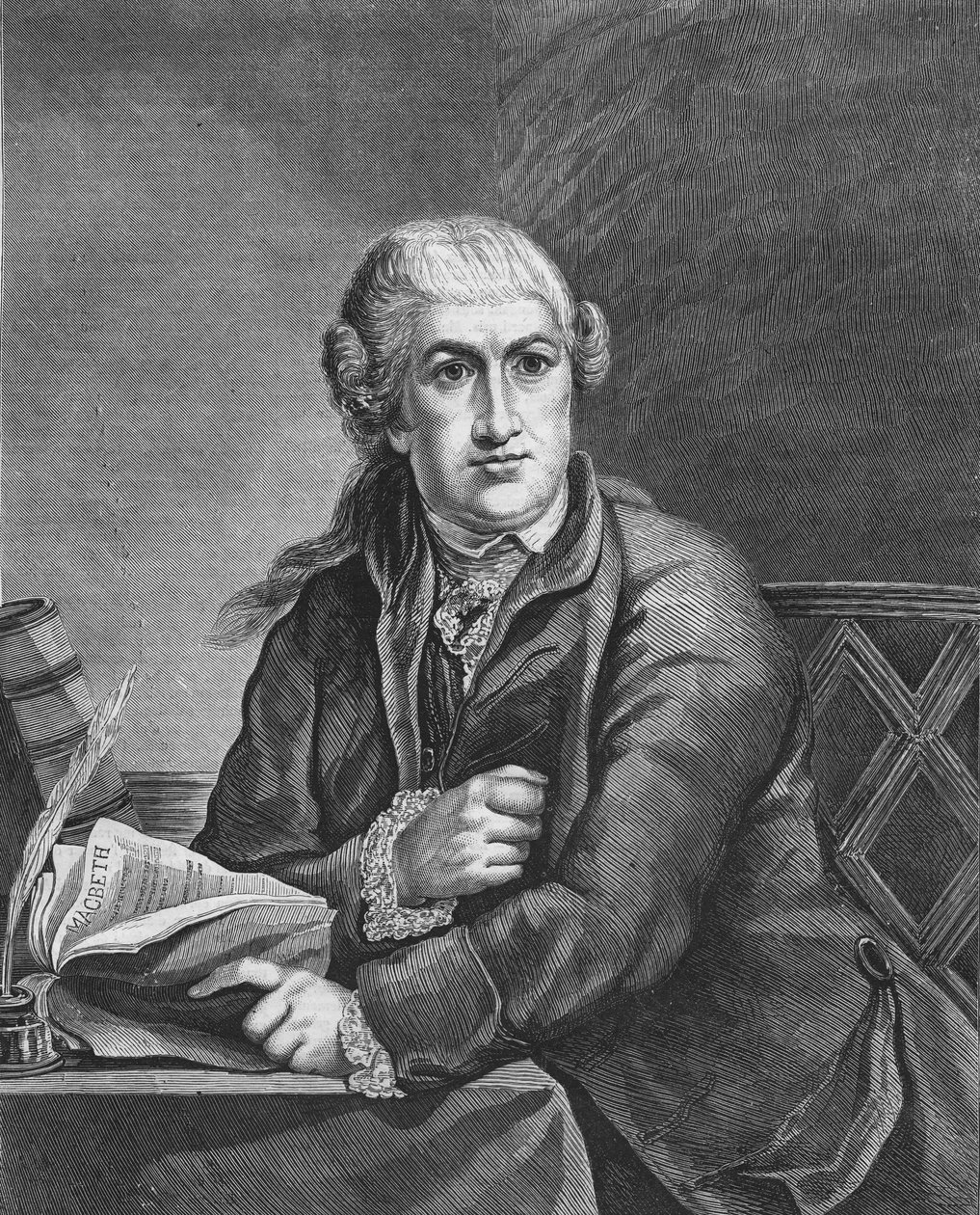 David Garrick Brittisk skådespelare (1717 - 1779) som studerar rollen som Shakespeares Macbeth; 1800-talsgravyr, baserad på målningen av Robert-Edward Pine. Bianchetti samling. av Robert Edge (after) Pine
