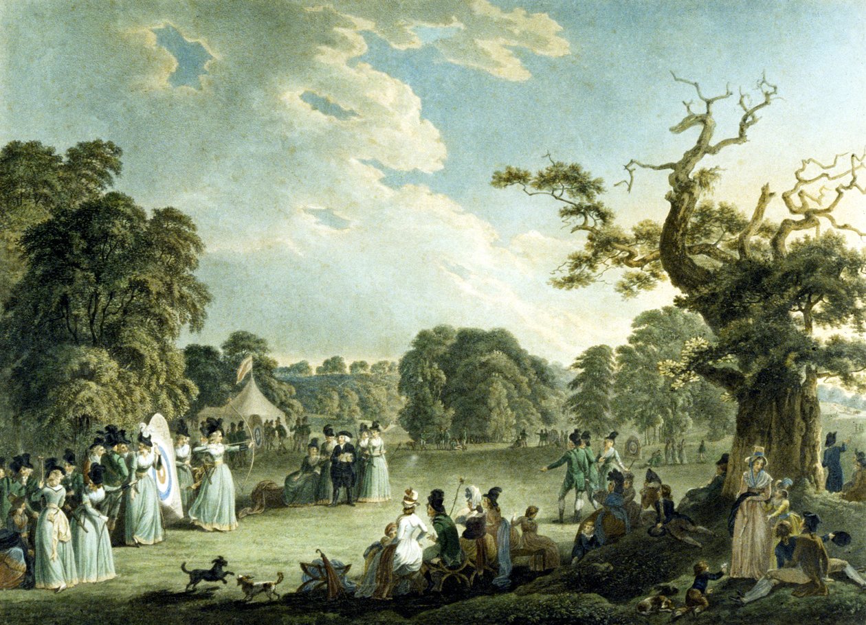 Society of Royal Archers, graverad av Cornelius Apostool (1762-1844) 1794 (färg litho) av Robert and Emes John Smirke