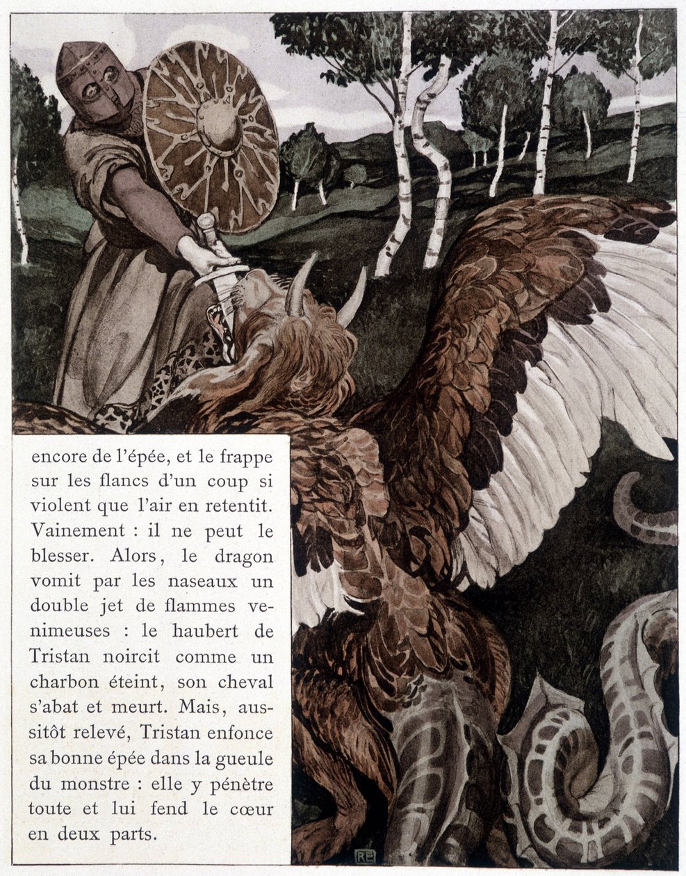 Tristan slåss med en drake - i "The Roman by Tristan and Iseult" av J. Bédier, illustrerad av Robert Engels, Art Edition, Paris av Robert Engels