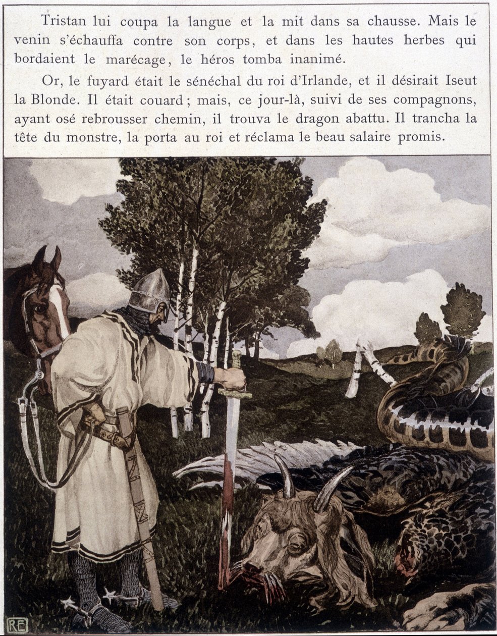 Tristan nära den döda draken - i "" Le Roman de Tristan et Iseult"" av Bédier ill. av Robert Engels, red. of Art, Paris av Robert Engels