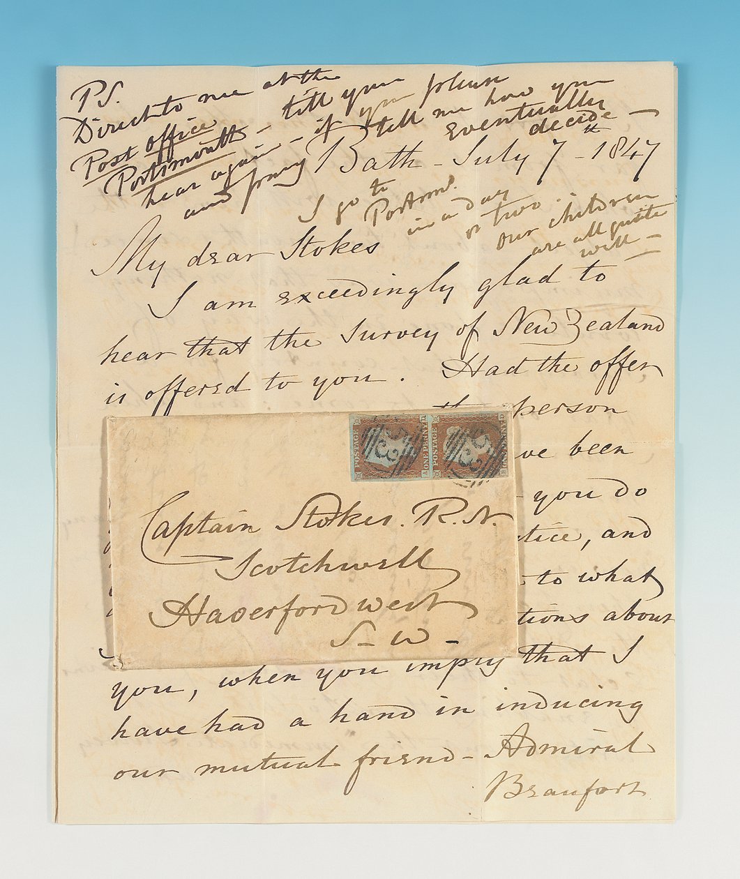 Autografbrev undertecknat till John Lort Stokes, Bath, 7 juli 1847 av Robert Fitzroy