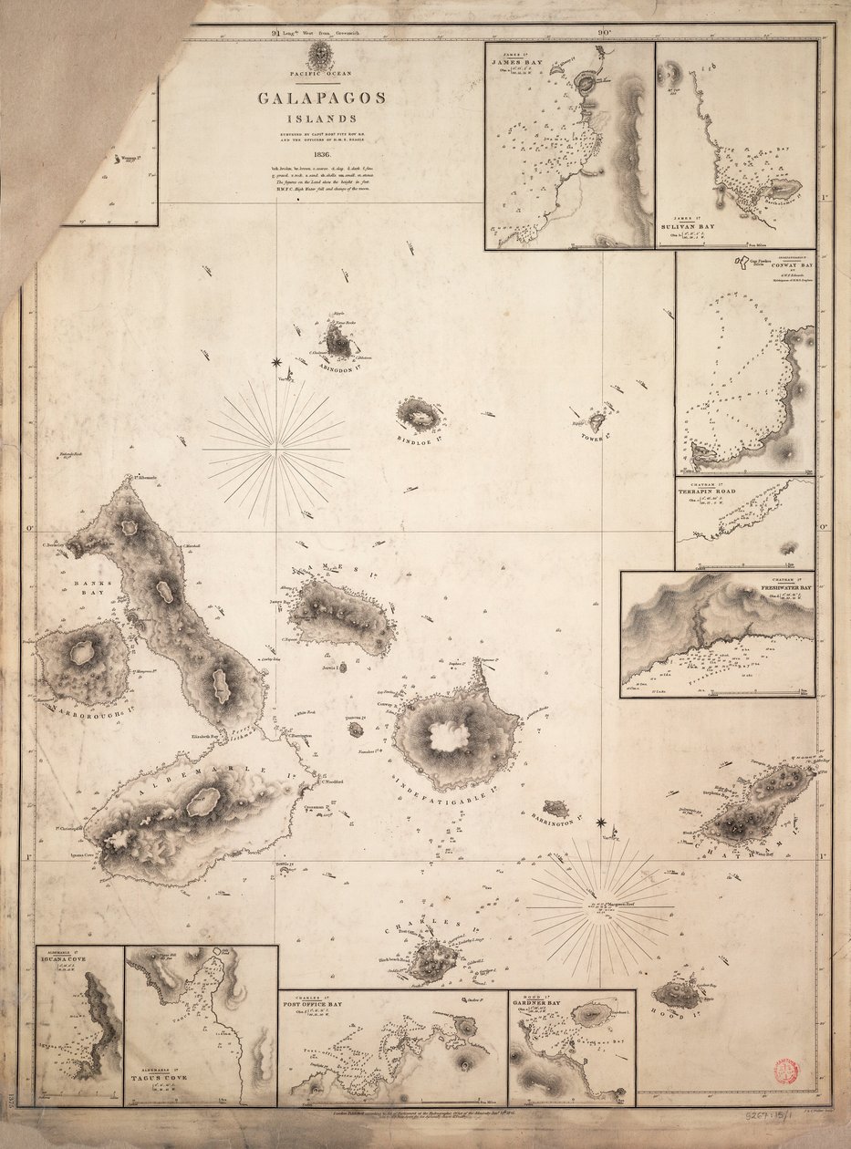 Karta över Galapagosöarna som kartlades under resan med HMS "Beagle av Robert Fitzroy