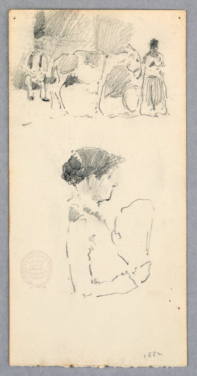 Teckning, Scen med åsna och två figurer; kvinna med solfjäder, 1882 av Robert Frederick Blum