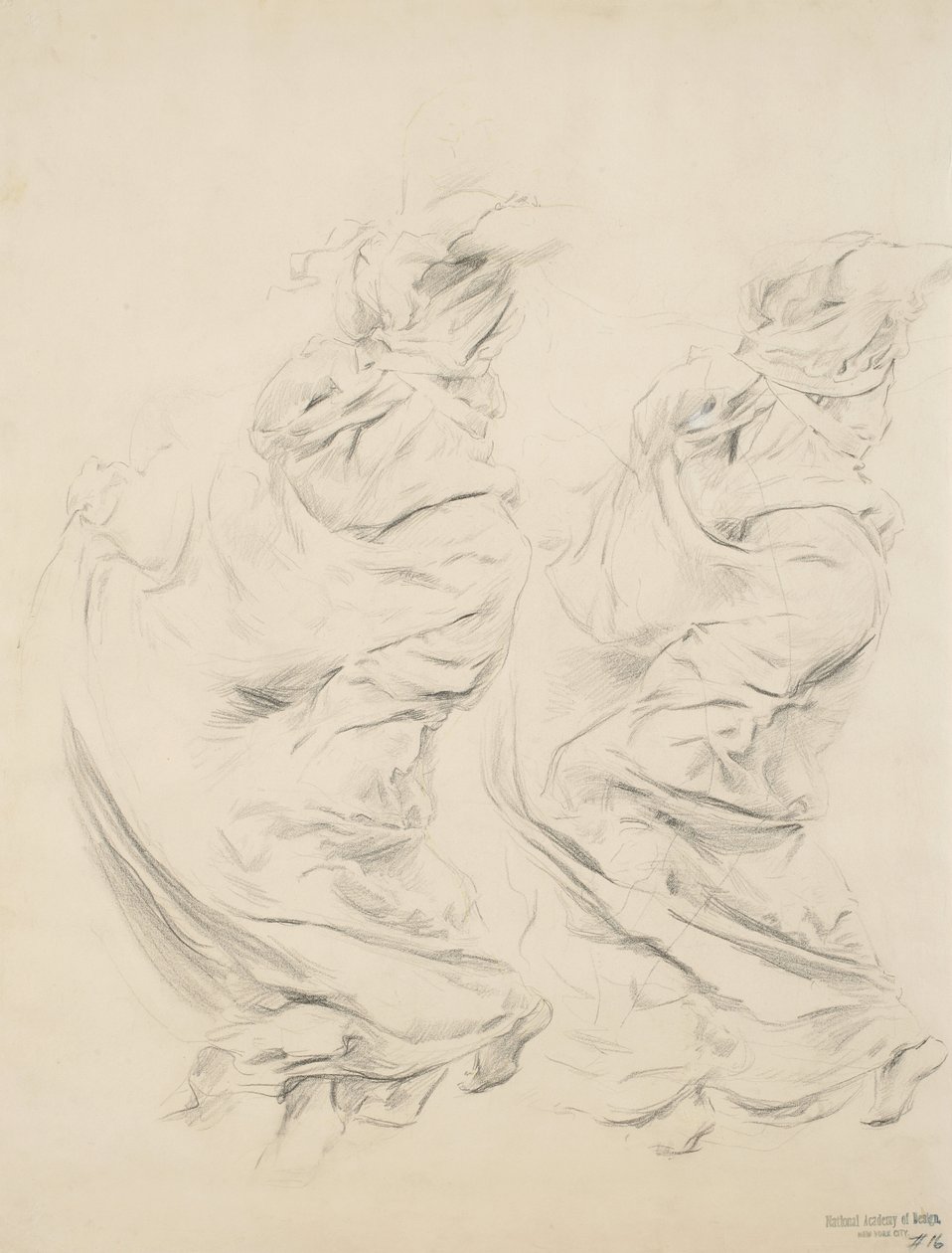 Skiss av draperi, möjligen för väggmålningen Moods to Music, 1893-95 (grafit & gul penna på buffvävt papper) av Robert Frederick Blum