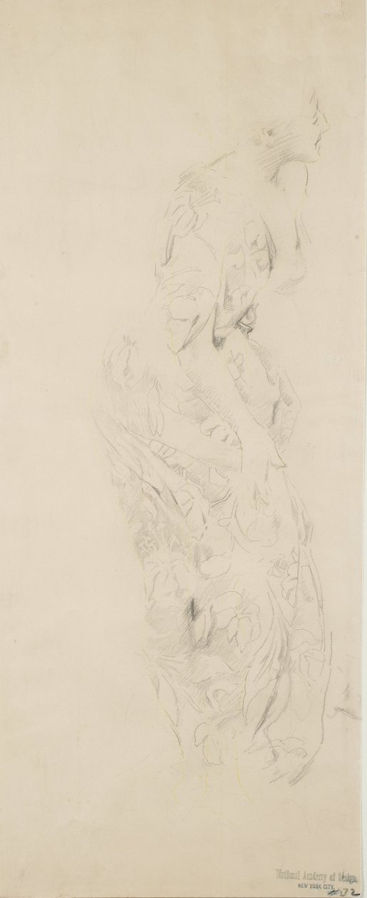 Skiss av kvinna i blommig klänning, möjligen för Moods to Music väggmålning, 1893-98 (grafit & gul penna på buffvävt papper) av Robert Frederick Blum