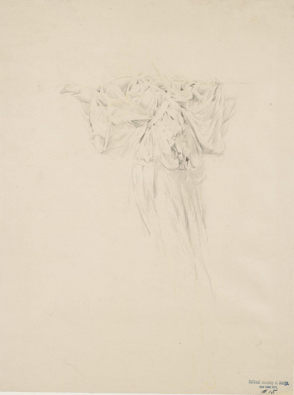 Studie av draperi för väggmålning Moods to Music, 1893-95 (grafit med gul penna på buffvävt papper) av Robert Frederick Blum