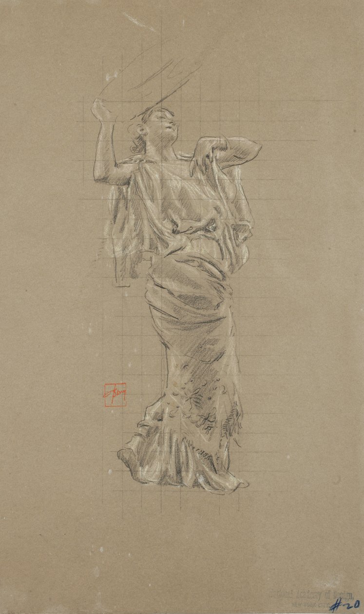Studie av kvinnlig figur för väggmålningen Moods to Music (svartvit krita på papper) av Robert Frederick Blum
