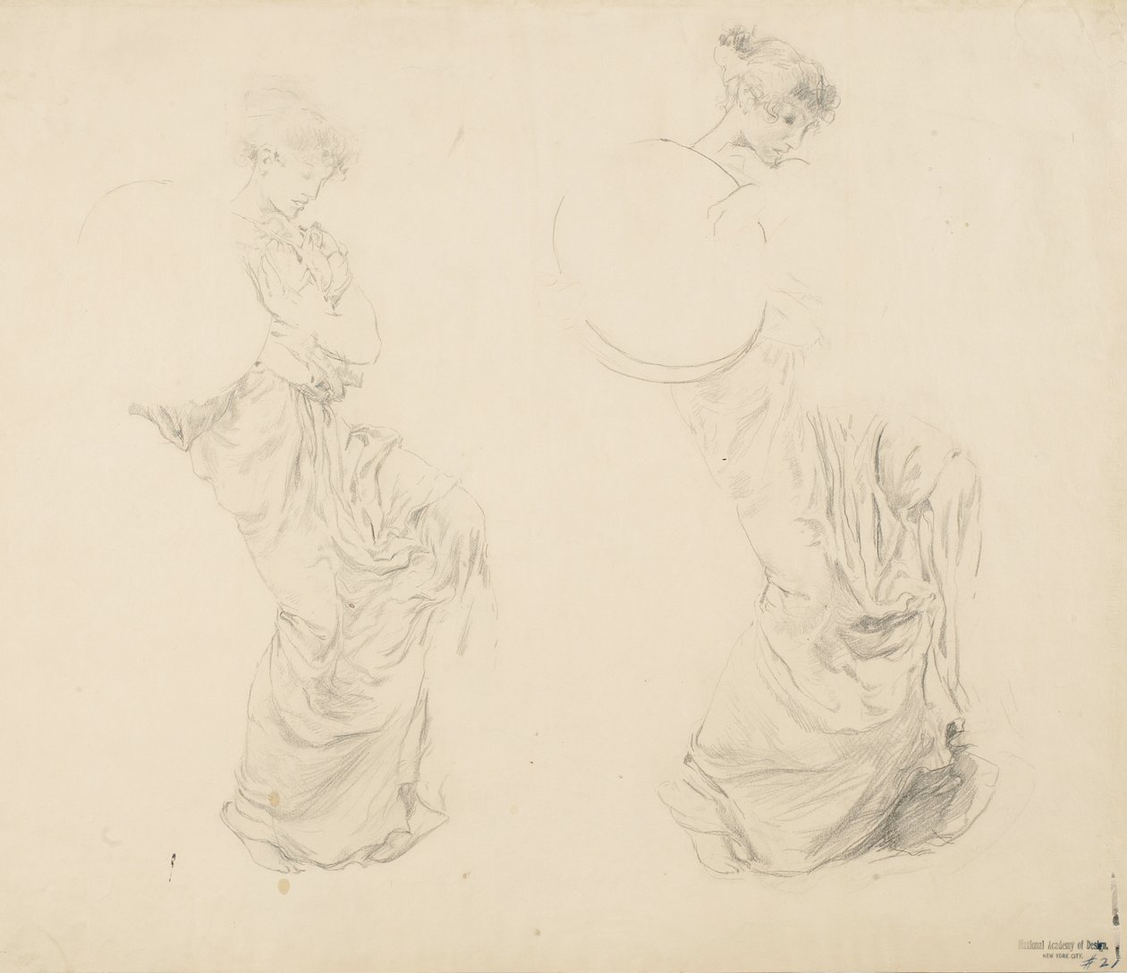 Studie av två kvinnofigurer för väggmålningen Moods to Music, 1893-95 (grafit med röd penna på gulvävt papper) av Robert Frederick Blum