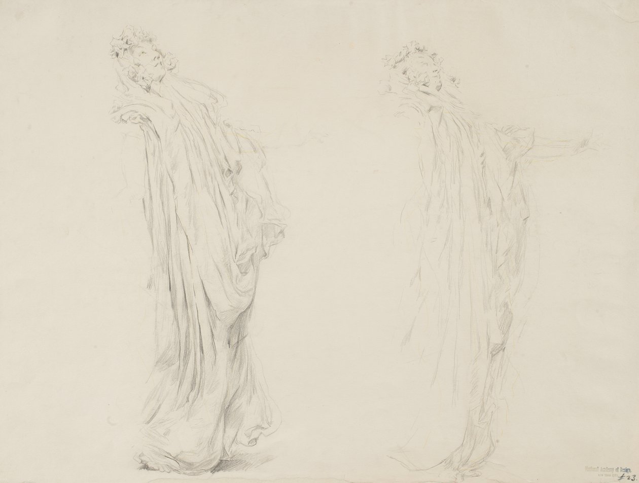 Studie av två kvinnofigurer för väggmålningen Moods to Music, 1893-95 (grafit med gul penna på krämvävt papper) av Robert Frederick Blum