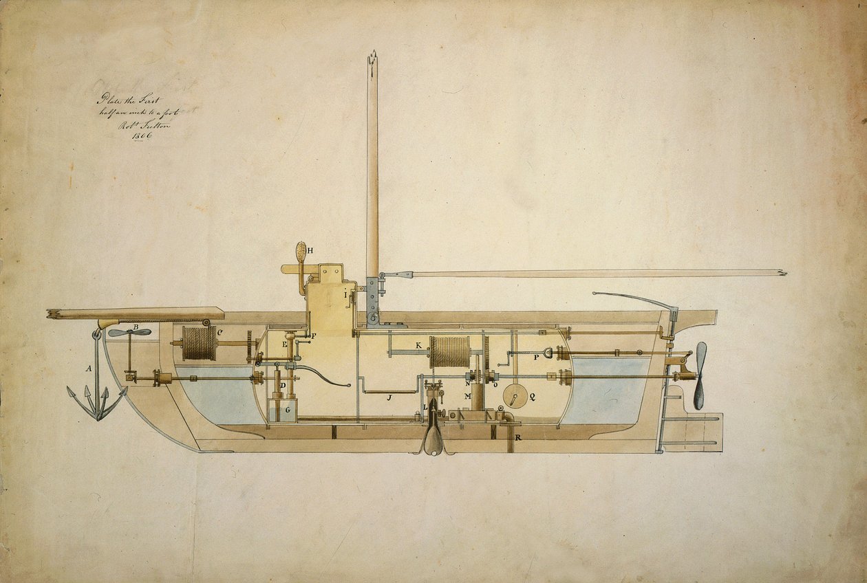 Originalritning av Nautilus, den första undervattensbåten (ubåt), presenterad av dess uppfinnare Robert Fulton (1765-1815) till den amerikanska senaten 1806. av Robert Fulton