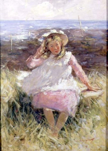 Flicka i vit hätta (gouache på papper) av Robert Gemmell Hutchison