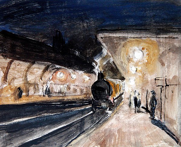 Brentwood Station, ca 1920 (penna, bläck, akvarell och kroppsfärg på papper) av Robert Graham Dryden Alexander