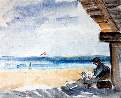 Läsning på stranden (akvarell och kol på papper) av Robert Graham Dryden Alexander