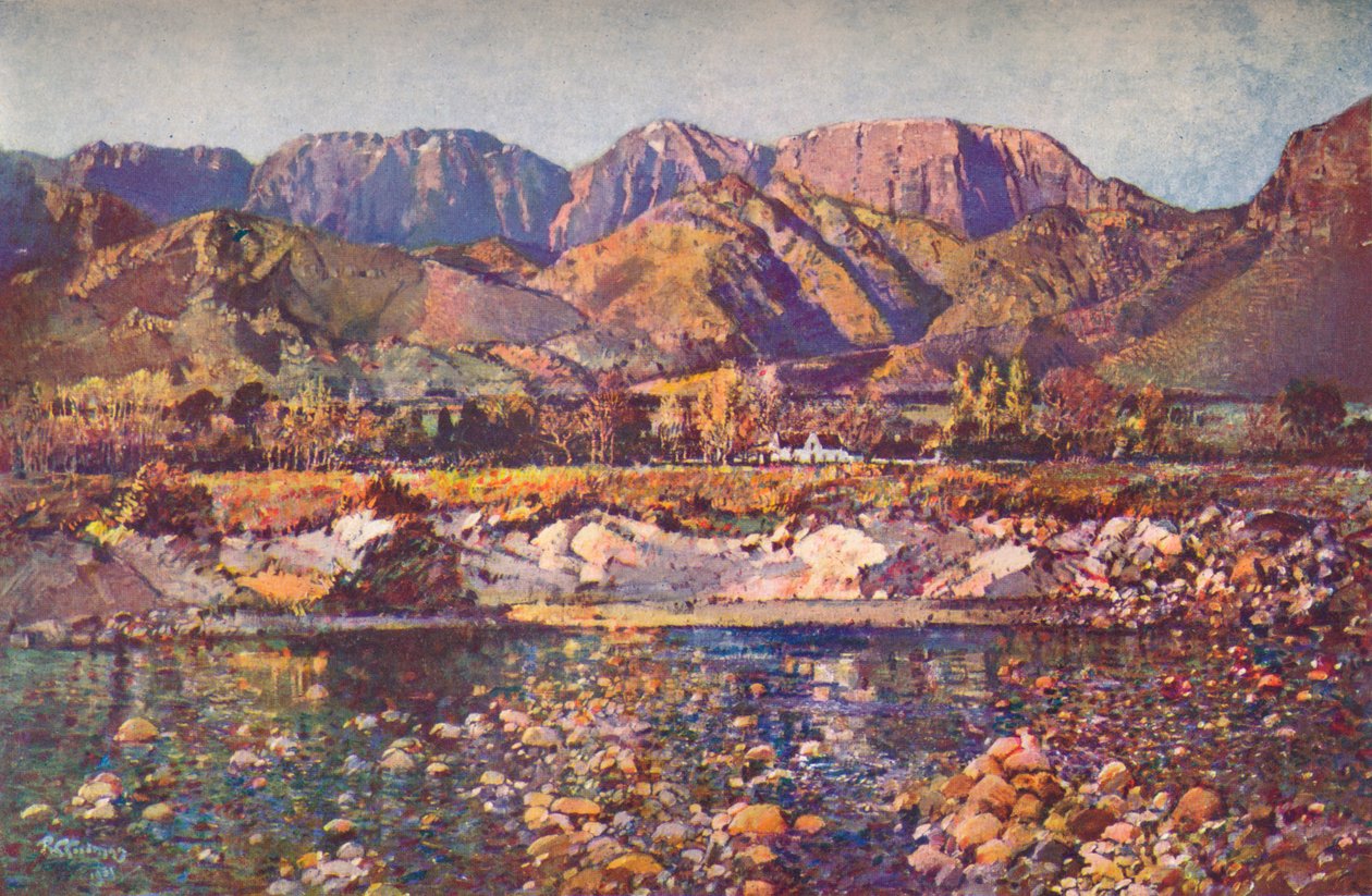 Wemmers Hoek-bergen Wemmershoek från Bergfloden, Cape Western Province, 1900-talet av Robert Gwelo Goodman