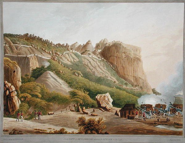 Norra vyn av Sewandroog som visar attacken i december 1791, illustration från "Twelve Views of Mysore, the Country of Tipoo Sultan", graverad och kolorerad av J.W. Edy, publicerad 1804 (färgad akvatint). av Robert H. (after) Colebrooke