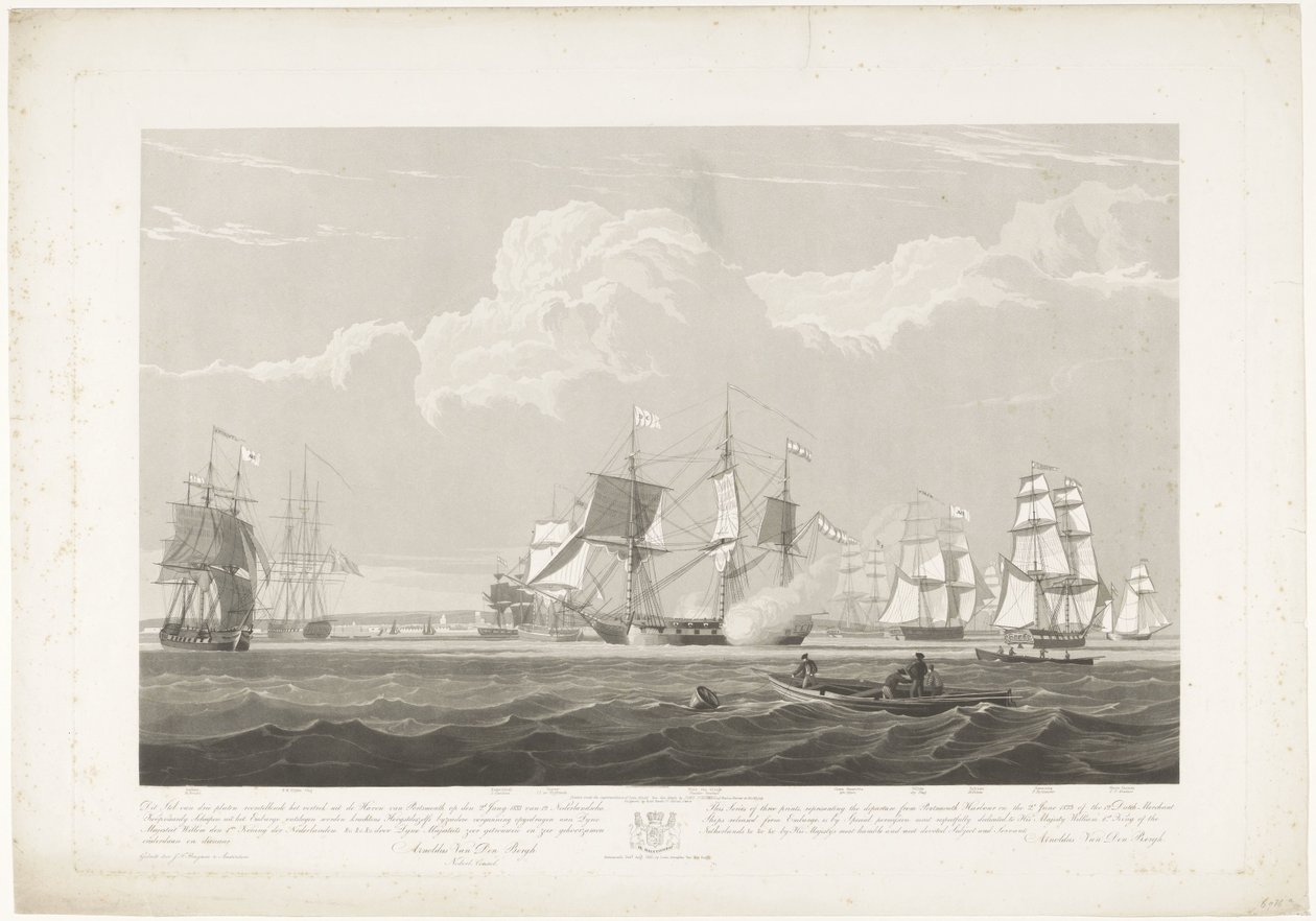 Avgång av tolv holländska handelsfartyg från Portsmouths hamn, 1833 (skylt 3) Denna uppsättning av tre skyltar som visar avgången från Portsmouths hamn den 2 juni 1833 av 12 Nederlandsche Koopvaardy-skepp från Embargo. av Robert Havell (II)