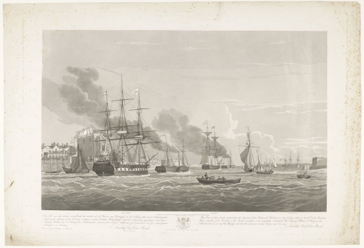 Avgång av tolv holländska handelsfartyg från Portsmouth Harbour, 1833 (skylt 2) Denna uppsättning med tre skyltar som visar avgången från Portsmouths hamn den 2 juni 1833 av 12 Nederlandsche Koopvaardy-fartyg från Embargo lossnade av Robert Havell (II)