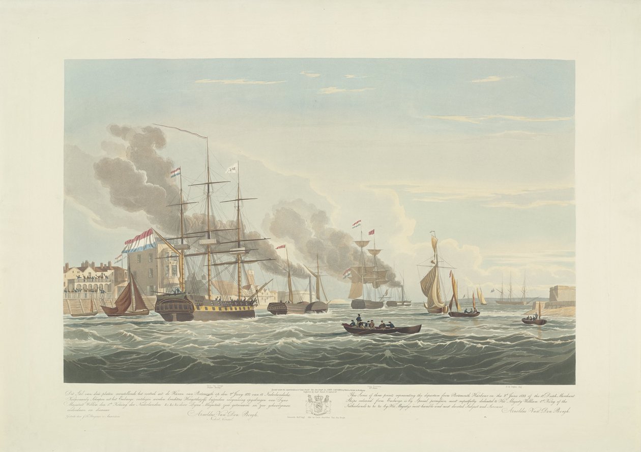 Avgång av tolv holländska handelsfartyg från Portsmouth Harbour, 1833 (skylt 2) Denna uppsättning med tre skyltar som visar avgången från Portsmouths hamn den 2 juni 1833 av 12 Nederlandsche Koopvaardy-fartyg från Embargo lossnade av Robert Havell (II)