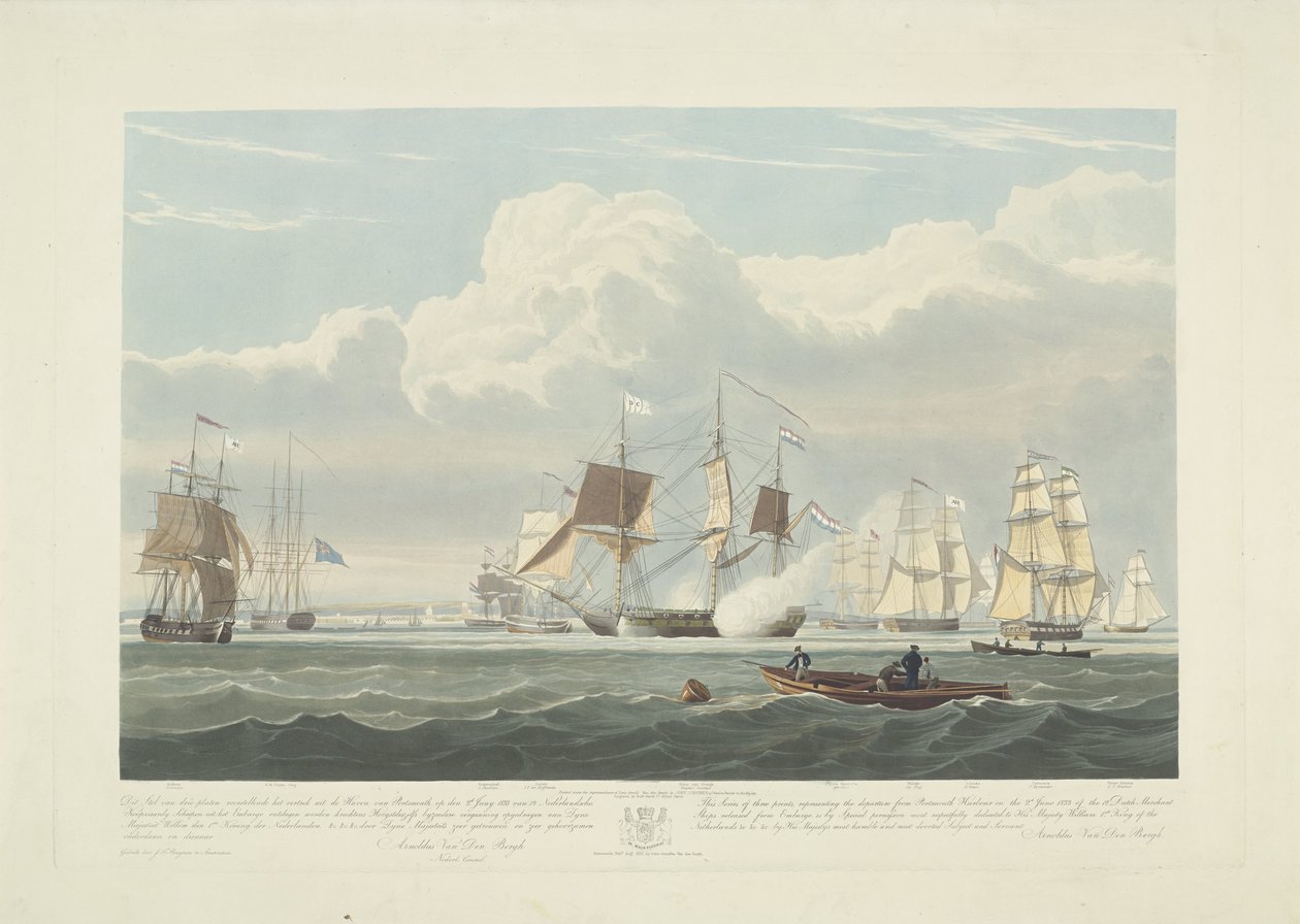 Avgång av tolv holländska handelsfartyg från Portsmouths hamn, 1833 (skylt 3) Denna uppsättning av tre skyltar som visar avgången från Portsmouths hamn den 2 juni 1833 av 12 Nederlandsche Koopvaardy-skepp från Embargo. av Robert Havell (II)