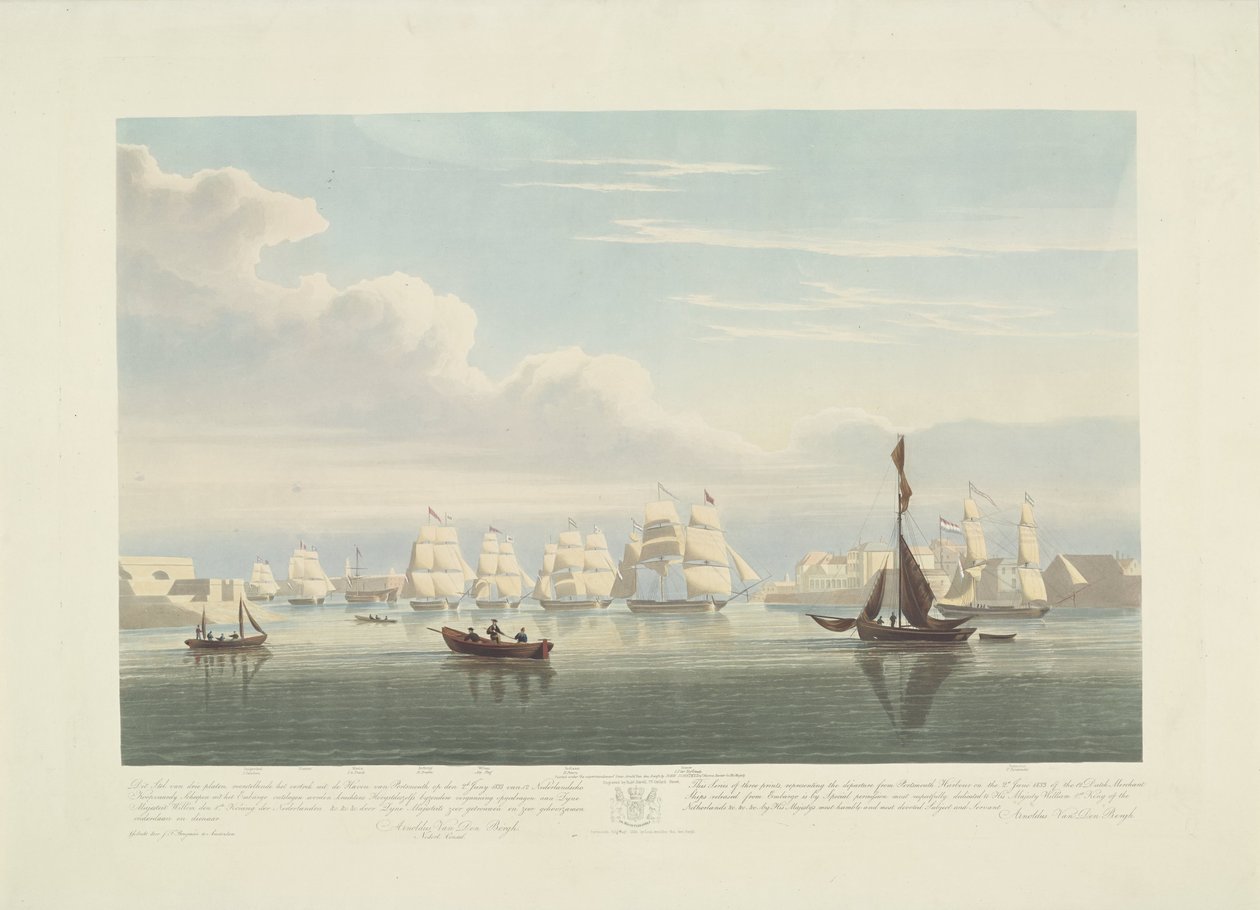 Avgång av tolv holländska handelsfartyg från Portsmouths hamn, 1833 (skylt 1) Denna uppsättning av tre skyltar som visar avgången från Portsmouths hamn den 2 juni 1833 av 12 Nederlandsche Koopvaardy-skepp från Embargo. av Robert Havell (II)