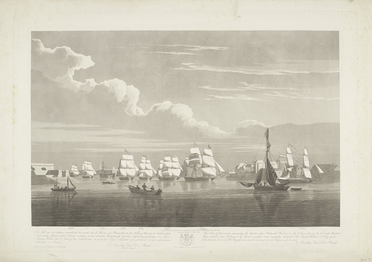 Avgång av tolv holländska handelsfartyg från hamnen i Portsmouth, 1833 (skylt 1) Denna uppsättning av tre skyltar som visar avgången från Portsmouths hamn den 2 juni 1833 av 12 Nederlandsche Koopvaardy-skepp från Embargo. av Robert Havell (II)