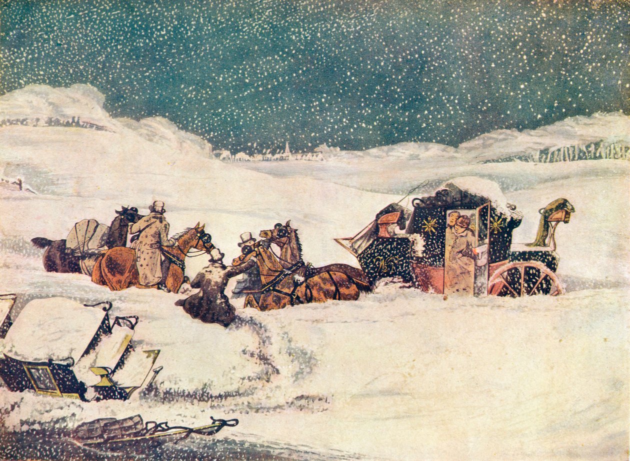 Birmingham Mail nära Aylesbury, vakten Banbury fortsätter med väskorna, 1837 1907 av Robert Havell