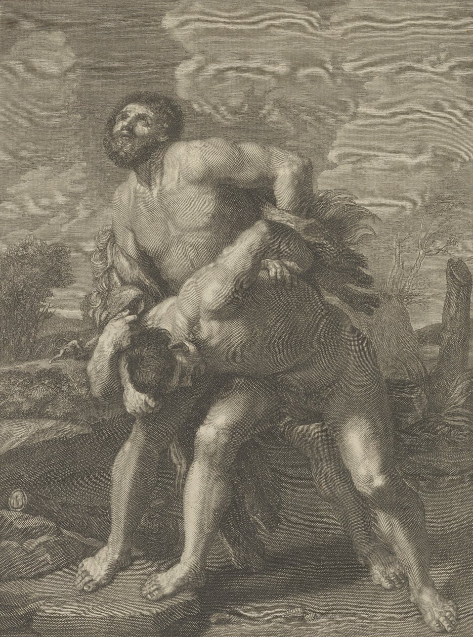 Hercules bär ett lejonskinn och slåss mot Achelous, ett landskap i bakgrunden, ..., ca. 1713-72. av Robert Hecquet