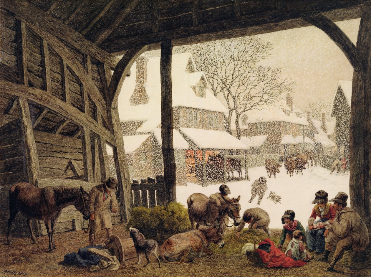 A Village Snow Scene, 1819 (wc, kroppsfärg, skrapa ut över grafit) av Robert Hills