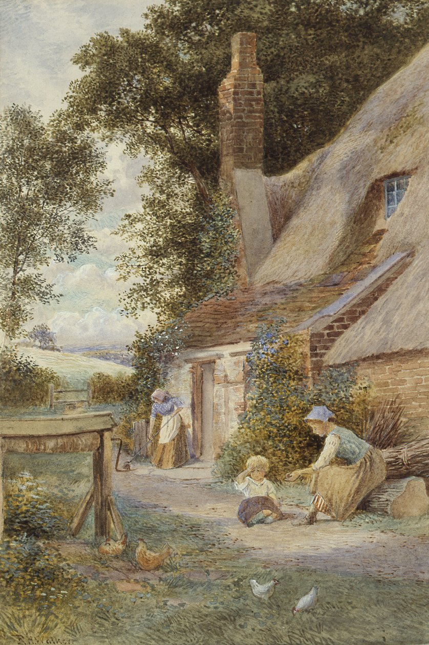 Figurer by a Cottage (akvarell på papper) av Robert Hollands Walker