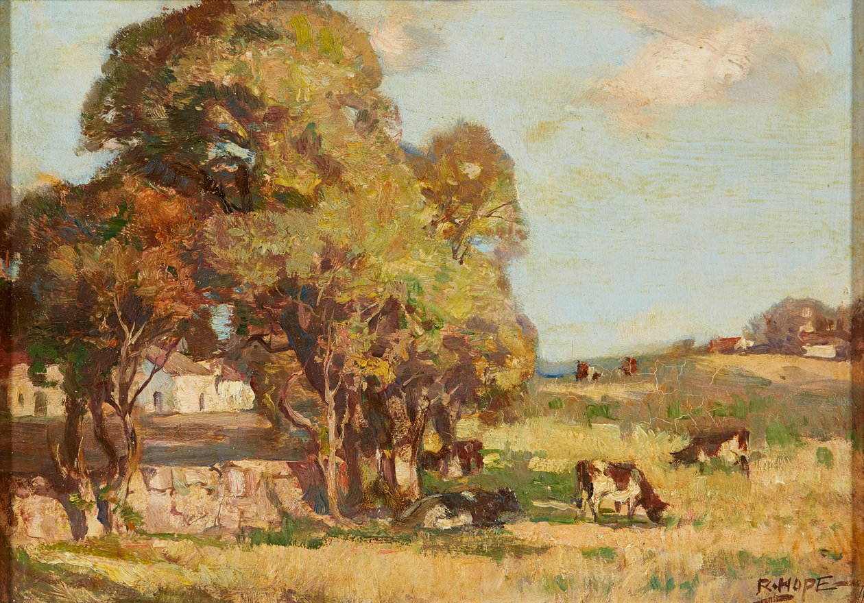 Boskap som betar i ett pastoralt landskap (olja ombord) av Robert Hope