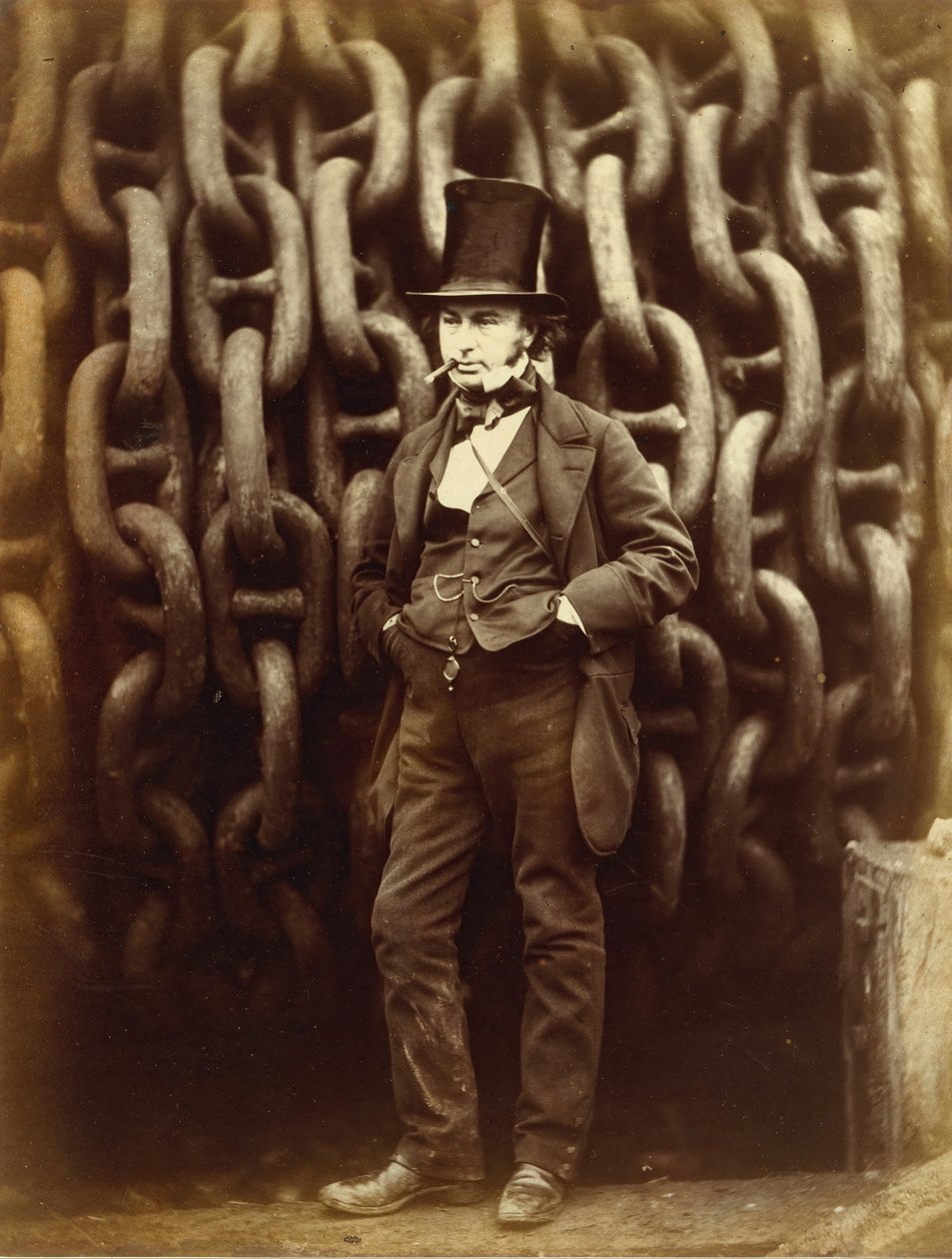Isambard Kingdom Brunel står före lanseringskedjorna av Great Eastern...tryckt 1863-64. av Robert Howlett