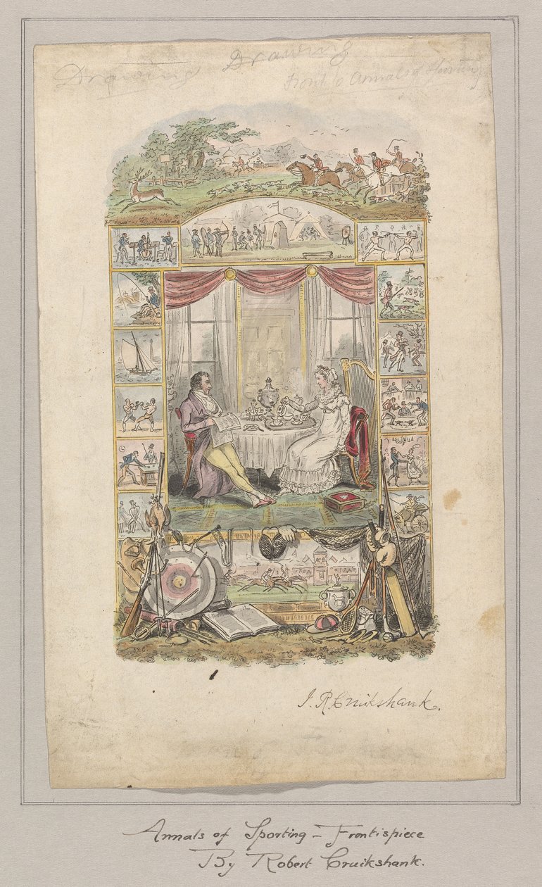 Design för frontstycket av Annals of Sporting and Fancy Gazette, volym 1 av Robert Isaac Cruikshank