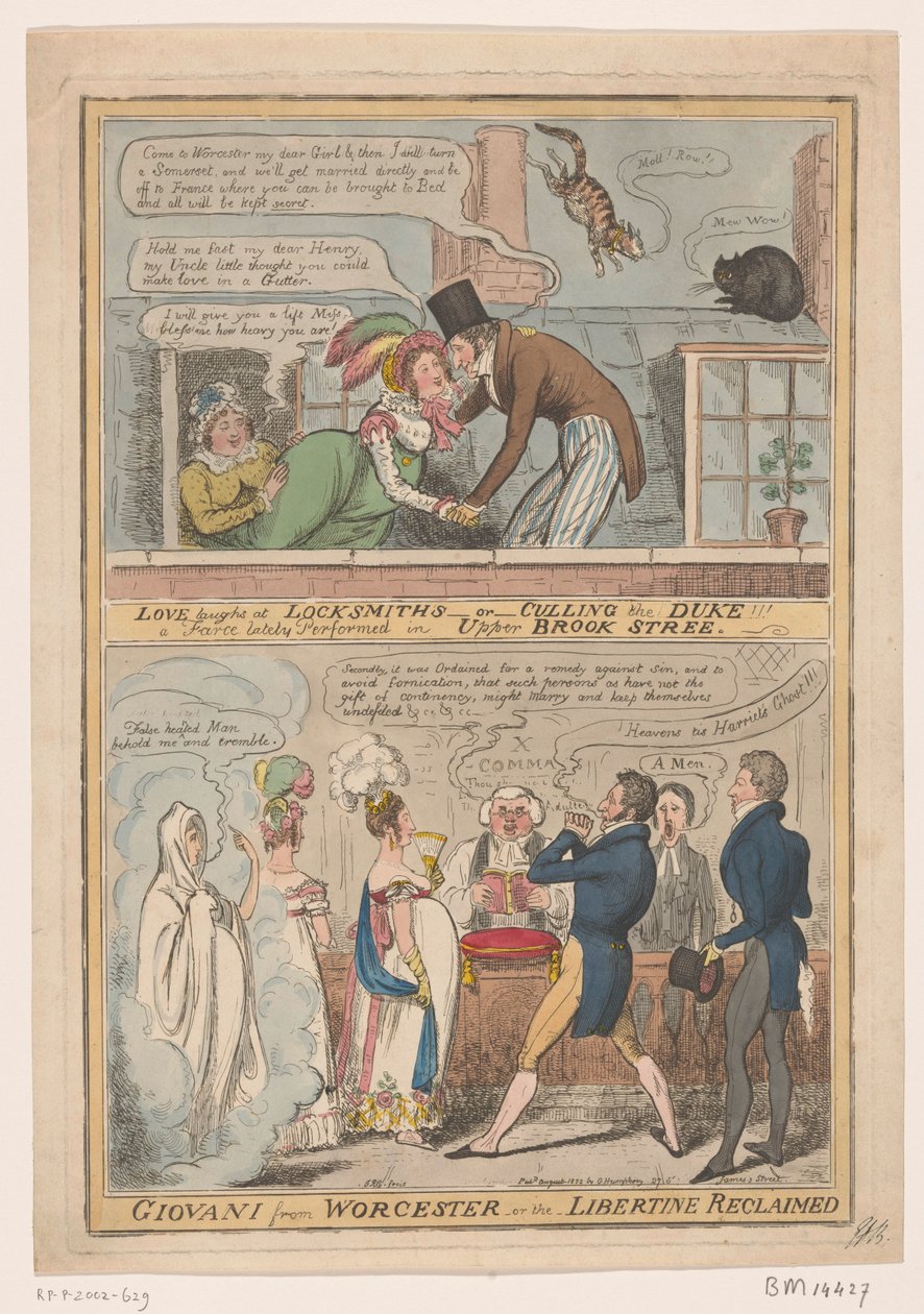 Spotprent över het huwelijk av de markies från Worcester och Anne Francis Culling Smith, 1822 Kärlek skrattar åt att låssmeder -eller- avlivar hertigen!!! en fars nyligen framförd i Upper Brook Street / Giovani från Worcester -eller- libertinen återvunnen  av Robert Isaac Cruikshank