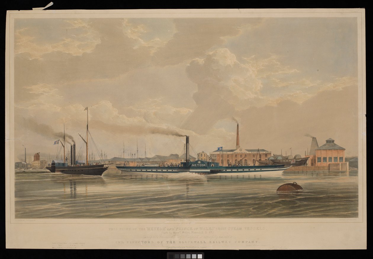 Detta tryck av järnångfartygen "Meteor" och "Prince of Wales" ... som lämnar Brunswick Wharf, Blackwall ... tillägnad direktörerna för Blackwall Railway Company av Robert Kent (after) Thomas